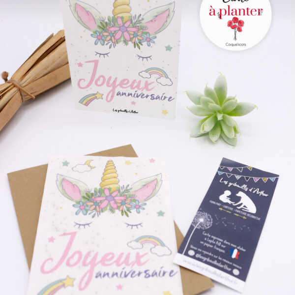 Carte anniversaire à planter / Carte double - Petite licorne