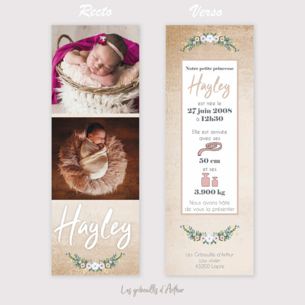 Faire-part de naissance - Marque page - Kraft et fleurs