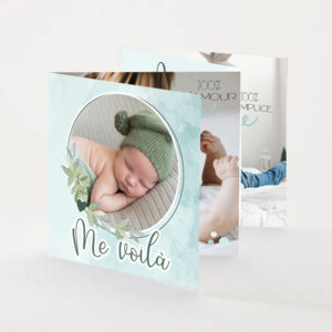 Aux couleurs pastels de l'enfance, ce faire-part vert opale de naissance sera le premier message de bébé, souvenir inoubliable sur une papeterie unique !