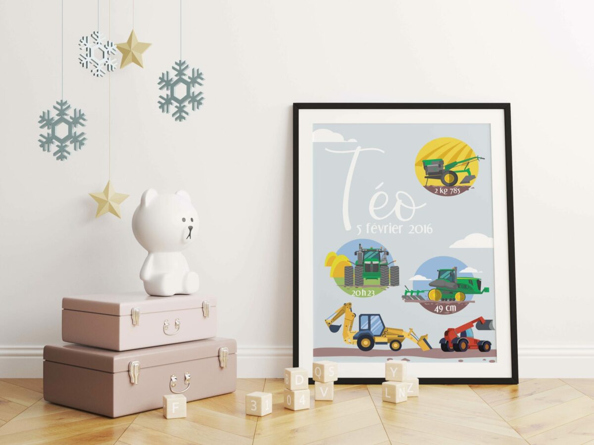 Affiche naissance Tracteurs personnalisée, décoration parfaite pour la chambre de bébé. Un joli rappel de sa naissance avec tous les détails qui l’ont rendue unique.