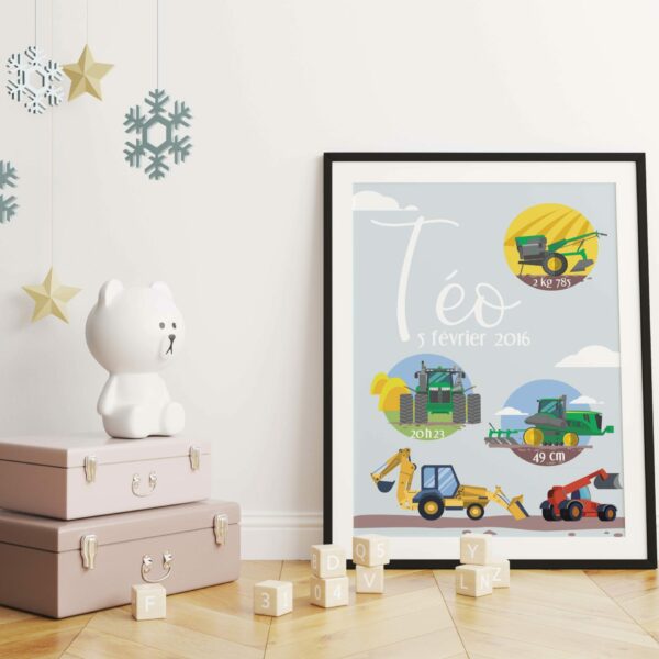 Affiche naissance Tracteurs personnalisée, décoration parfaite pour la chambre de bébé. Un joli rappel de sa naissance avec tous les détails qui l’ont rendue unique.