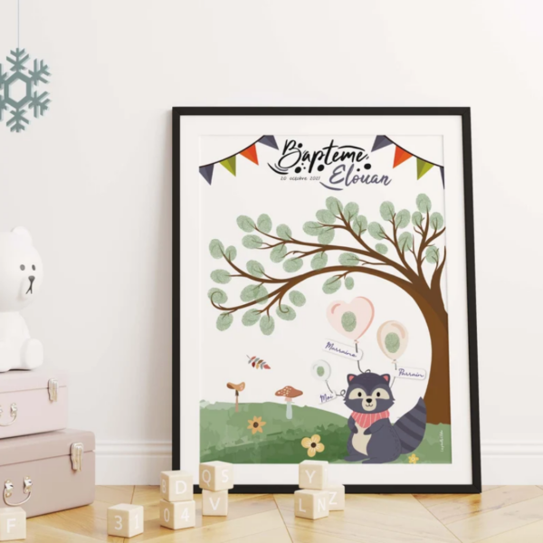 Affiche à empreintes Raton Laveur personnalisée pour le baptême ou l'anniversaire de votre enfant sur le thème des animaux aux couleurs d'automne !Affiche à empreintes Raton Laveur personnalisée pour le baptême ou l'anniversaire de votre enfant sur le thème des animaux aux couleurs d'automne !