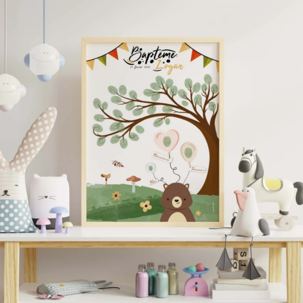 Affiche à empreintes Ours sur le thème des animaux aux couleurs d'automne, voici une idée originale d'activité pour vos invités lors de ce bel évènement.