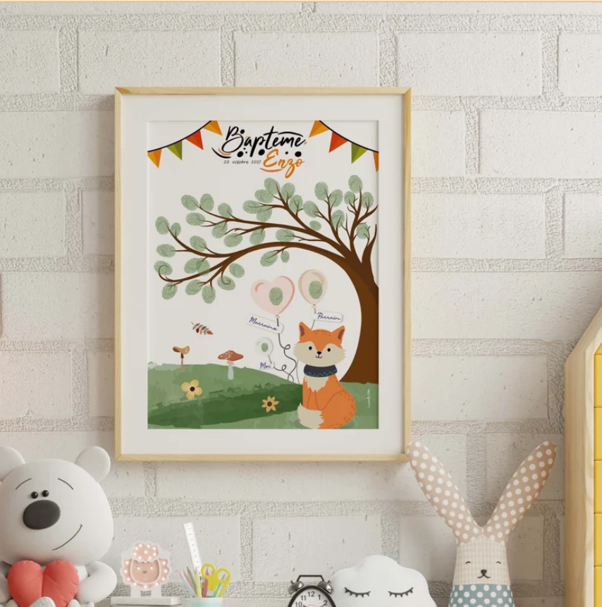 Affiche à empreintes Renard personnalisée pour le baptême ou l'anniversaire de votre enfant sur le thème des animaux aux couleurs d'automne !