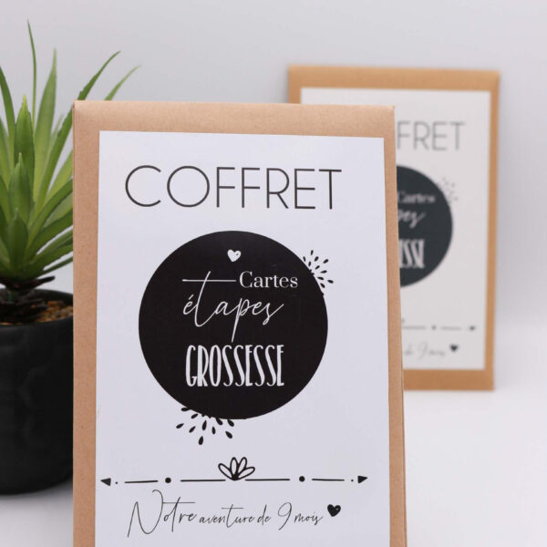 Cartes étapes grossesse "Noir et Blanc" Ce coffret comporte 15 cartes : 1 par mois de grossesse; 3 pour les échographie, et 2 pour annoncer le sexe de bébé.