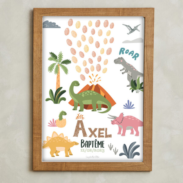 Affiche à empreintes Dinosaures personnalisée pour le baptême ou l'anniversaire de votre enfant ! Sur le thème des dinosaures aux couleurs volcanique ! 