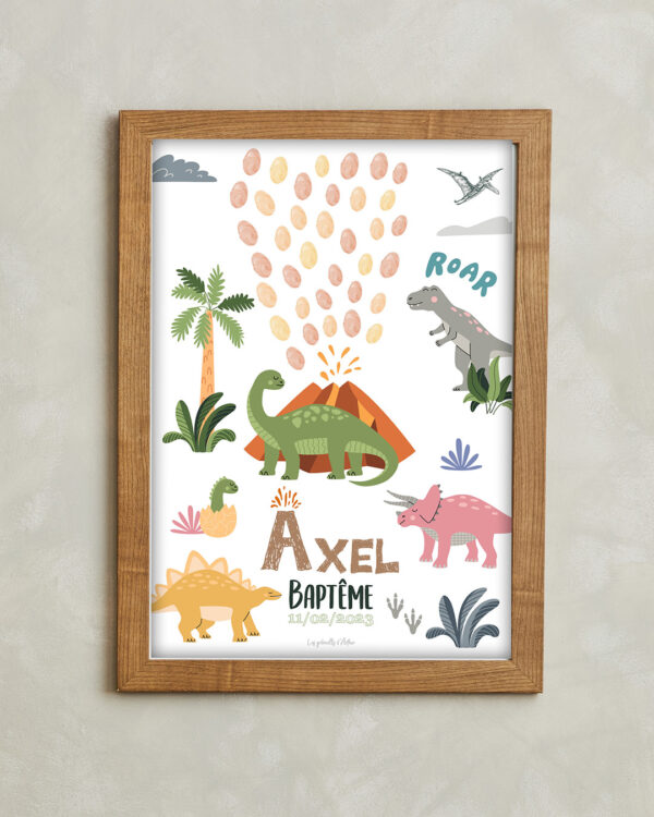 Affiche à empreintes Dinosaures personnalisée pour le baptême ou l'anniversaire de votre enfant ! Sur le thème des dinosaures aux couleurs volcanique ! 