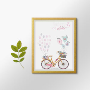 Jolie Affiche empreintes à bicyclette Rose à empreintes sur le thème vélo et ballons, idéale pour un baptême personnalisé et original.
