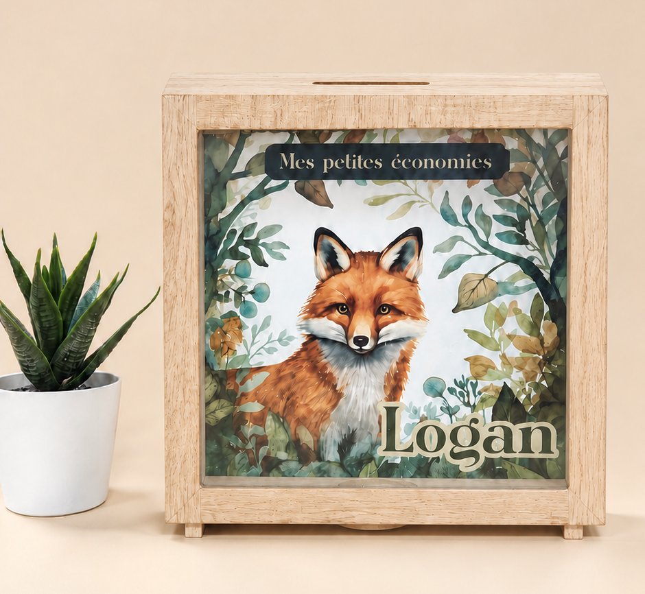 Tirelire enfant en bois personnalisée – Modèle renard – Image 2