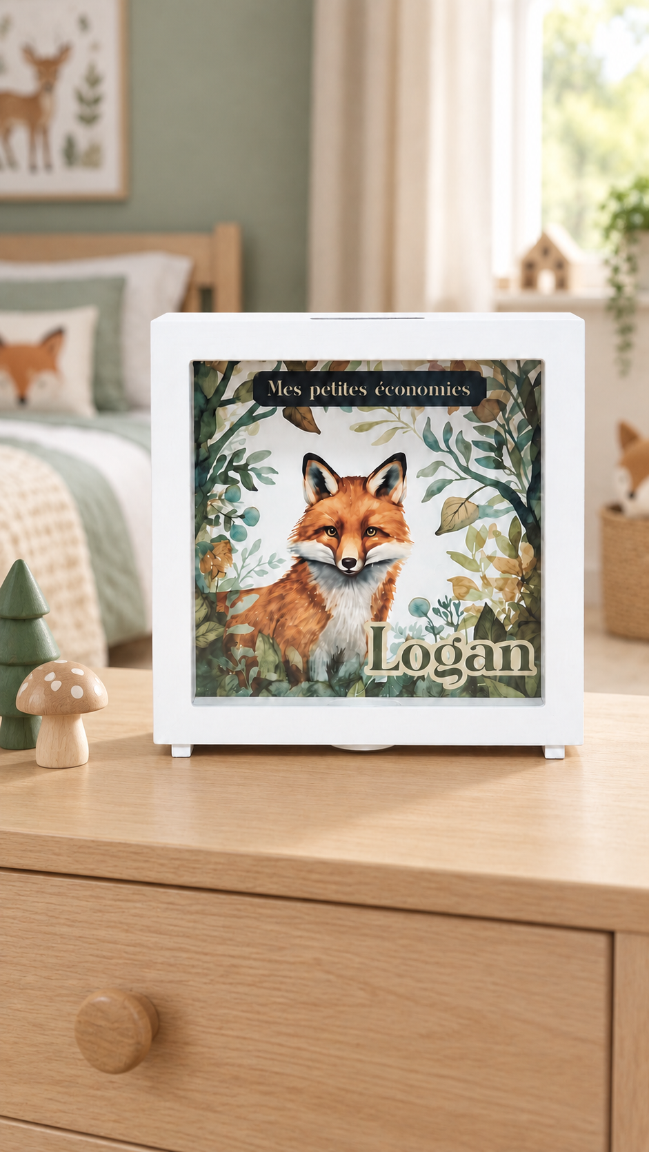 Tirelire enfant en bois personnalisée – Modèle renard
