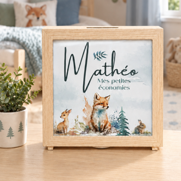 Tirelire enfant en bois personnalisée – Modèle animaux de la forêt